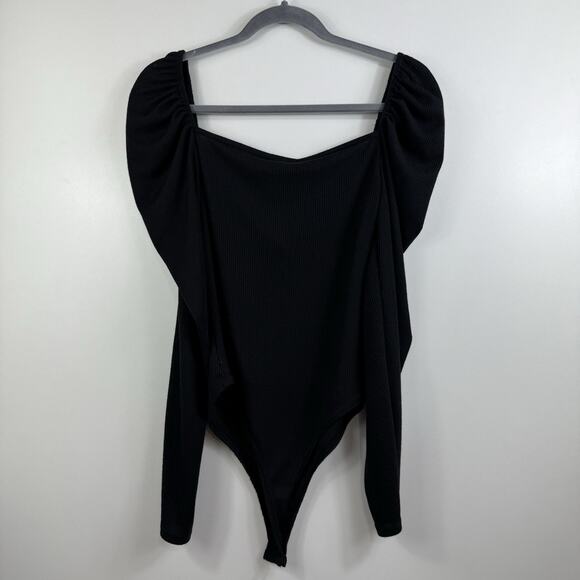 PrettyLittleThing New Black Ribbed Long Puff Sleeve Bodysuit US 8 Square Neck - Picture 9 of 15